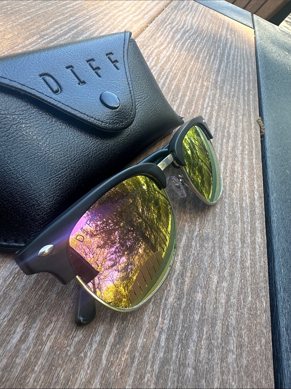 Diff Eyewear Black Frame Sunglasses with Green-Pink Mirrored Lenses